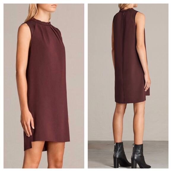 AllSaints Jay Pleated Mini Dress XS Bordeaux Red  Semi Sheer Casual Sleeveless - Picture 1 of 14